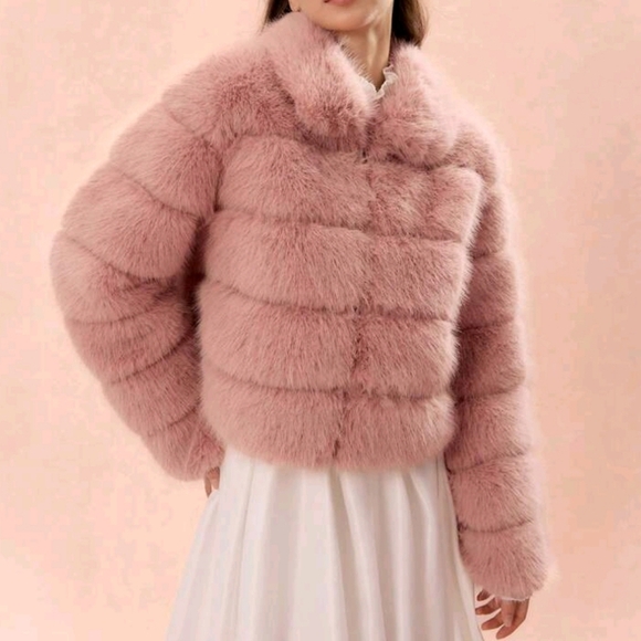 Women Fluffy Patchwork, Horizontal Stripes,Loose Long-Sleeved Fur Collar Jacket - Picture 4 of 6